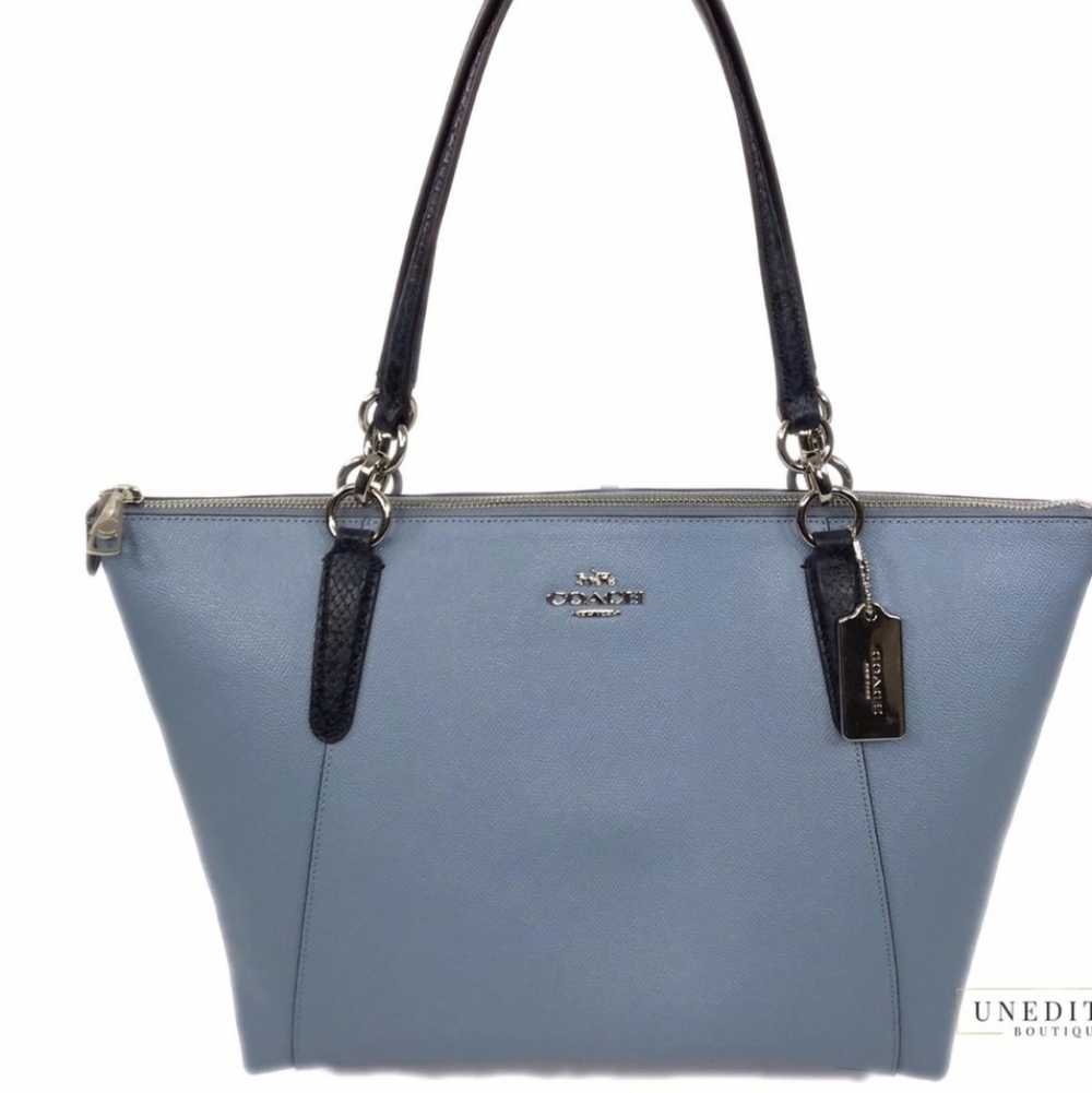 COACH Ava Exotic Trim Tote – Cornflower Snake-Embossed Leather, Zip Closure
